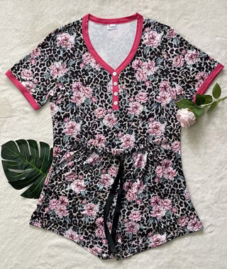 Shirley & Stone Floral Leopard Print Pajama Short Set with Button V-Neck Top