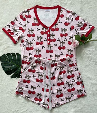 Shirley & Stone Pink Cherry Print Pajama Short Set – Button V-Neck Top
