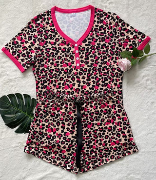 Shirley & Stone Leopard Print Pajama Short Set with Button V-Neck Top