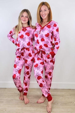 Shirley & Stone Pink Heart & Bow Print Adult Pajama Set – Long Sleeve Top & Jogger Pants