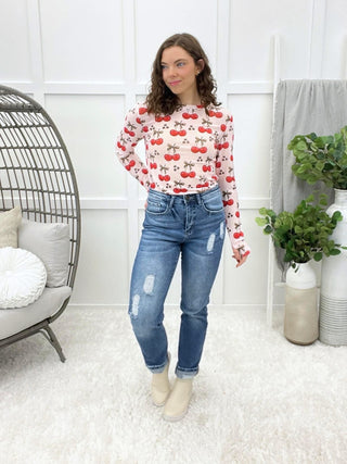 Shirley & Stone Pink Cherry Print Long Sleeve Knit Top