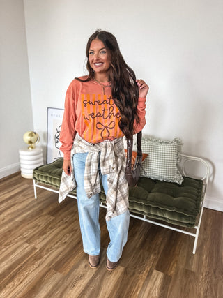 Sweater Weather Bow Long Sleeve Graphic Tee on Terracotta