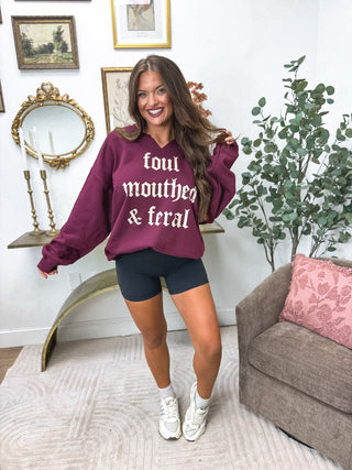 Foul & Feral SPLIT NECK Graphic Crewneck on Maroon