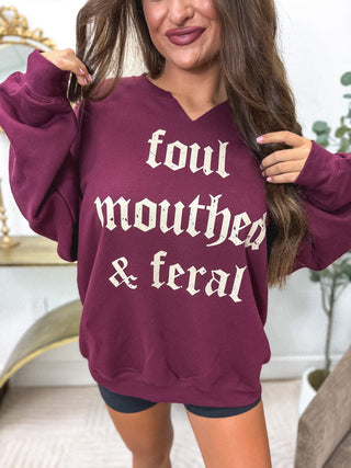 Foul & Feral SPLIT NECK Graphic Crewneck on Maroon