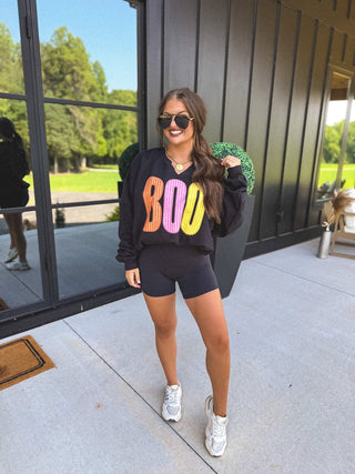 BOO Striped SPLIT NECK Graphic Crewneck on Black