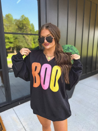 BOO Striped SPLIT NECK Graphic Crewneck on Black