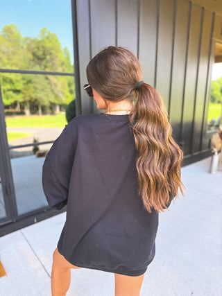 BOO Striped SPLIT NECK Graphic Crewneck on Black