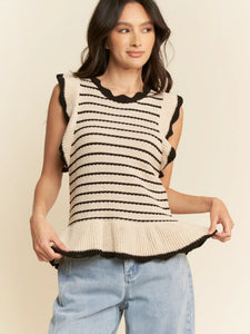 Trendy Ruffle Sleeves Peplum Stripe Knit Sweater Beige and Black