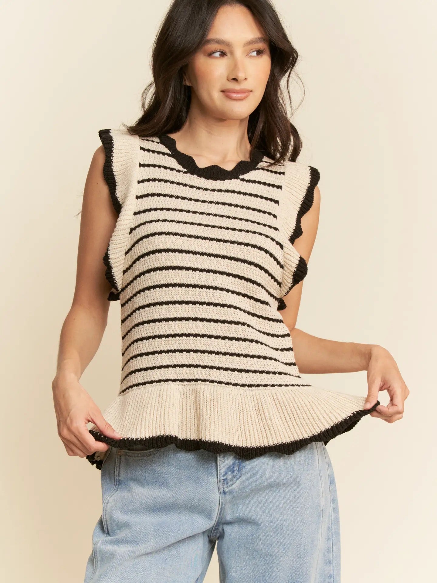 Trendy Ruffle Sleeves Peplum Stripe Knit Sweater Beige and Black