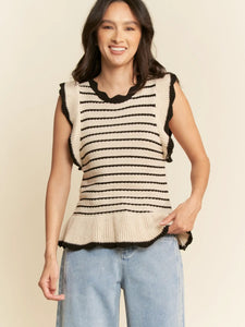 Trendy Ruffle Sleeves Peplum Stripe Knit Sweater Beige and Black