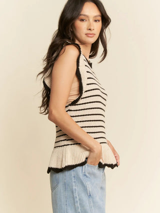 Trendy Ruffle Sleeves Peplum Stripe Knit Sweater Beige and Black