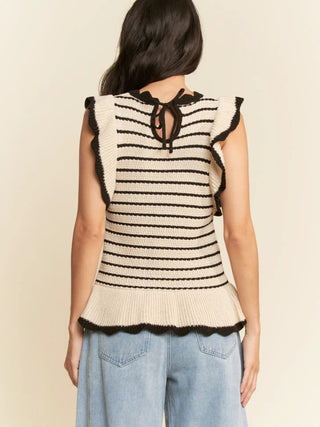 Trendy Ruffle Sleeves Peplum Stripe Knit Sweater Beige and Black