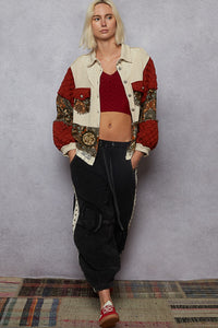 POL Balloon Sleeve Pearl Detail Floral A-Line Fit Jacket