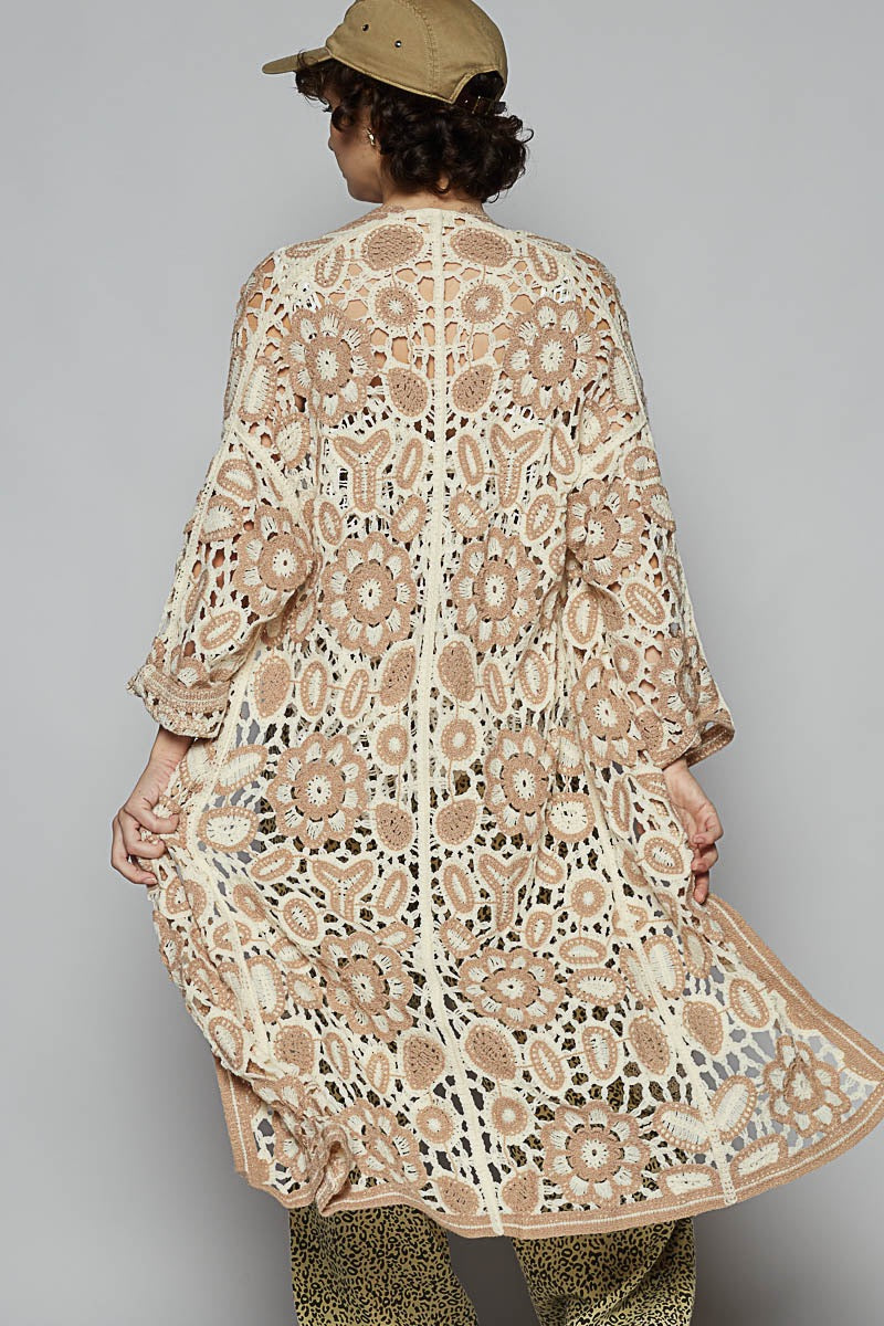 POL Floral Longline Crochet Cardigan Beige