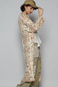 POL Floral Longline Crochet Cardigan Beige