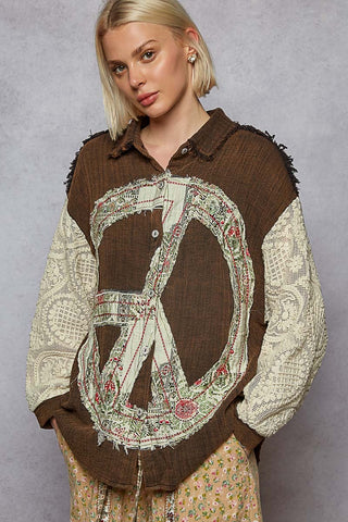 POL Long Sleeve Double Gauze Peace Print Patch Shirt Top