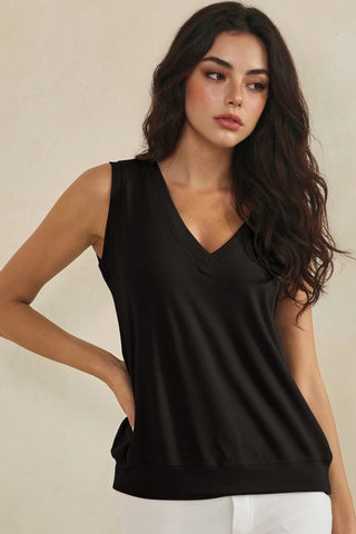 Yelete - V neck Loose Fitting Rib Tank - Black