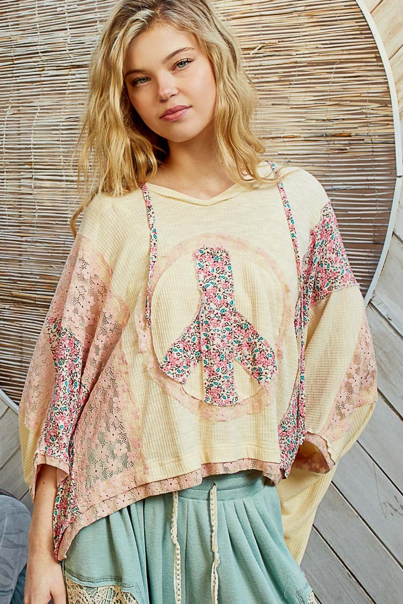 POL Hooded Peace Sign Tee With Floral Detailing - Cream/ Blush