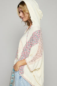 POL Hooded Peace Sign Tee With Floral Detailing - Cream/ Blush