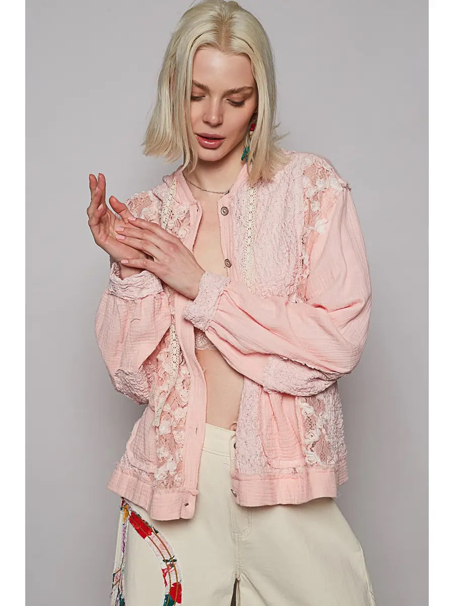POL Floral Lace Hoodie - Powder Pink