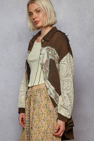 POL Long Sleeve Double Gauze Peace Print Patch Shirt Top