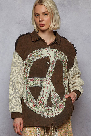 POL Long Sleeve Double Gauze Peace Print Patch Shirt Top