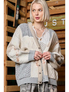 POL Button Up Cable Knit Cardigan with Floral Accent Detail