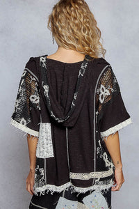POL Hooded Tee With Floral & Crochet Detailing - Black