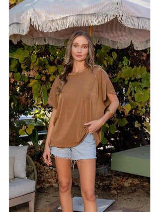 Sew in Love Classic Round Neck Tee with Cap Sleeves- Camel