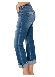 Risen Midrise Cuffed Distressed Straight Jeans