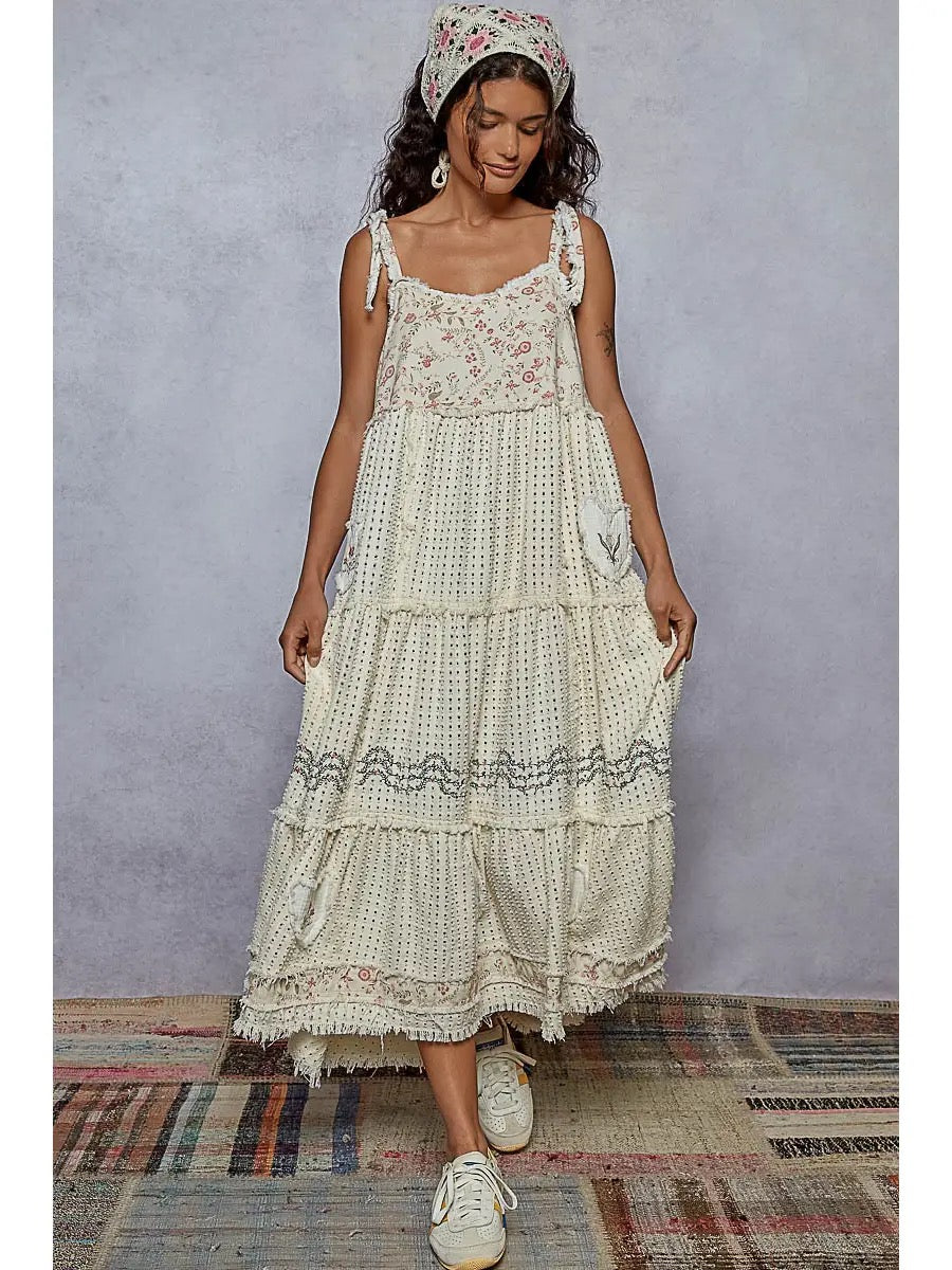 POL Sleeveless Ruffle Strap Textured Woven Denim Maxi Dress