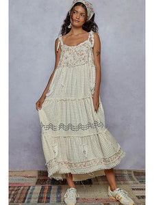 POL Sleeveless Ruffle Strap Textured Woven Denim Maxi Dress