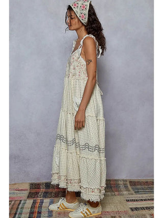 POL Sleeveless Ruffle Strap Textured Woven Denim Maxi Dress