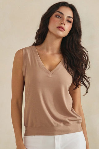Yelete - V neck Loose Fitting Rib Tank - Mocha