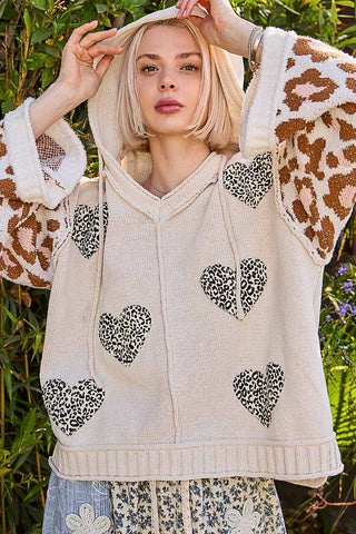 POL Oversize Animal Print Sleeve Heart Patch Sweater