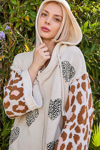 POL Oversize Animal Print Sleeve Heart Patch Sweater