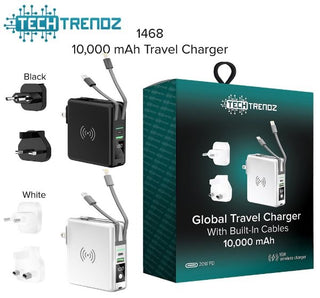 Global Travel Charger with Built-In Cables – 10,000mAh Portable Power Bank