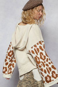 POL Oversize Animal Print Sleeve Heart Patch Sweater