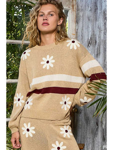 POL Round Neck Floral Patch Colorblock Stripe Point Sweater Top