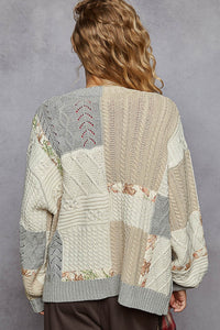 POL Button Up Cable Knit Cardigan with Floral Accent Detail