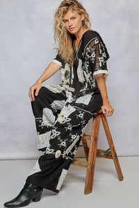 POL Hooded Tee With Floral & Crochet Detailing - Black