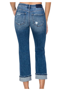 Risen Midrise Cuffed Distressed Straight Jeans