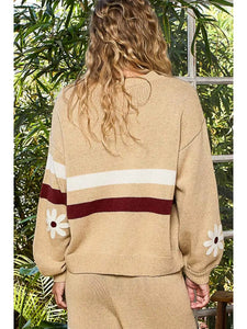 POL Round Neck Floral Patch Colorblock Stripe Point Sweater Top