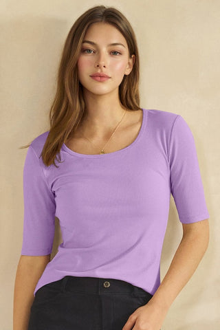 Yelete - Pure Comfort Modern Mid Sleeve Ribbed Fitted Top Lavender