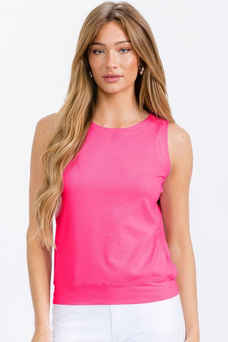 YELETE -  LuxeAir Ribbed Crew Neck Loose Fit Tank Fuschia