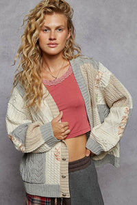 POL Button Up Cable Knit Cardigan with Floral Accent Detail
