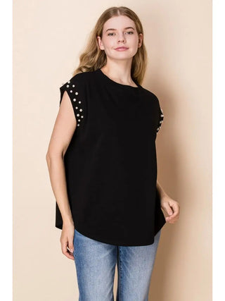 WHITE BIRCH Black Sleeveless Sweatshirt Top with Pearl Details