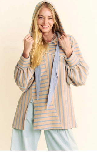 Davi & Dani Front Slit Striped Taupe Hoodie