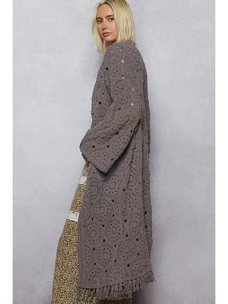 POL Long Sleeve Crochet Solid Various Weave Cardigan