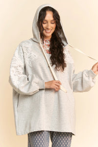 Davi & Dani Scuba V Neck  Hoodie With Lace Detailing On Sleeves - Heather Grey